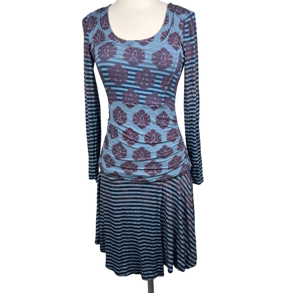 Anthropologie‎ Ruched Knit Dress P or S Tracy Reese Blue Striped BodyCon Travel